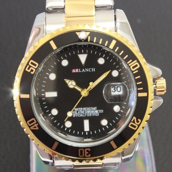 Men's Diver Style Watch Black Bezel Silver Gold Tone 40mm - Picture 9 of 14